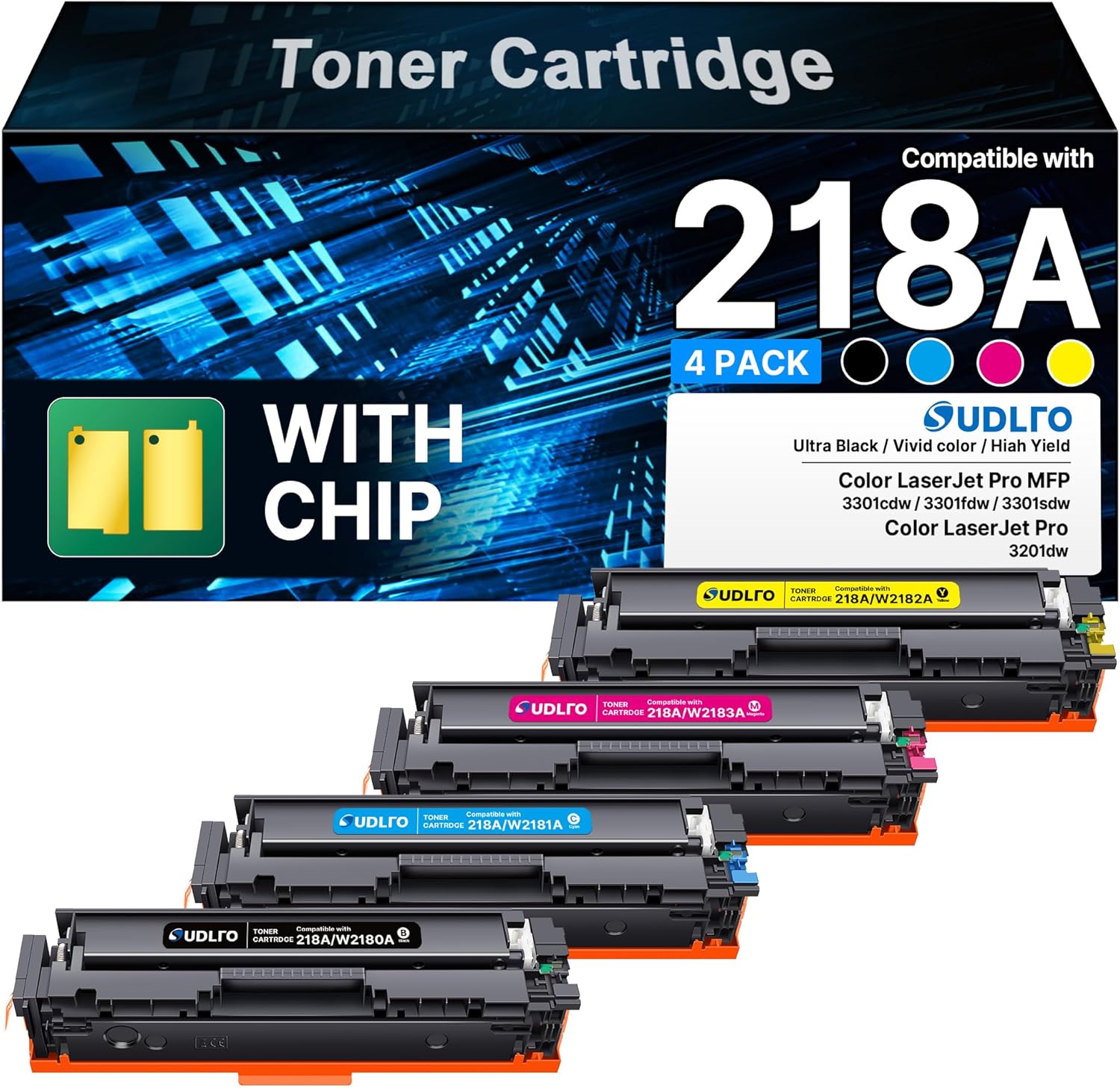 218A Toner (with Chip) Compatible for HP 218A Toner Cartridges 4 Pack - 218X Toner Work for HP Color Laserjet Pro MFP 3301fdw Toner 3301cdw 3201dw 3301sdw Printer Ink, MFP 3301 W2180A 218A Toner