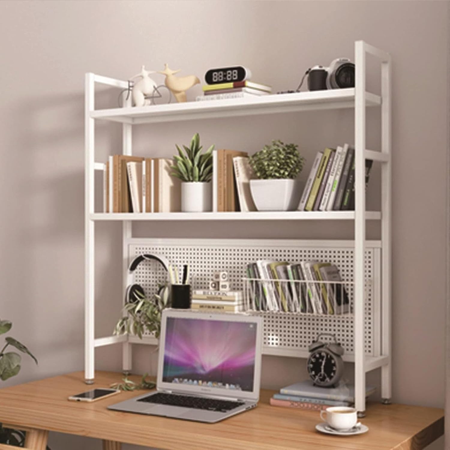 2 Tier Desktop Bookshelf / Bookcase - Computer Desk Bookshelf Hutch, Office Storage Rack, Multipurpose Wood Countertop Hutch Bookshelf, Adjustable Display Shelf Rack Organizer, for Dorm Office ( Color