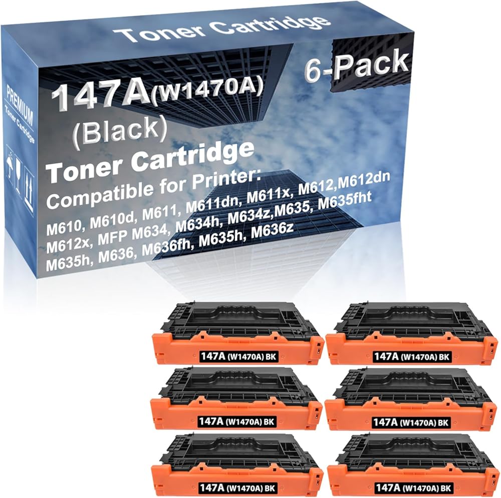 6-Pack Compatible High Capacity 147A (W1470A) Toner Cartridge use for M610, M610d, M611, M611dn, M611x, M612, M612dn, M612x Printer with Chip (Black)