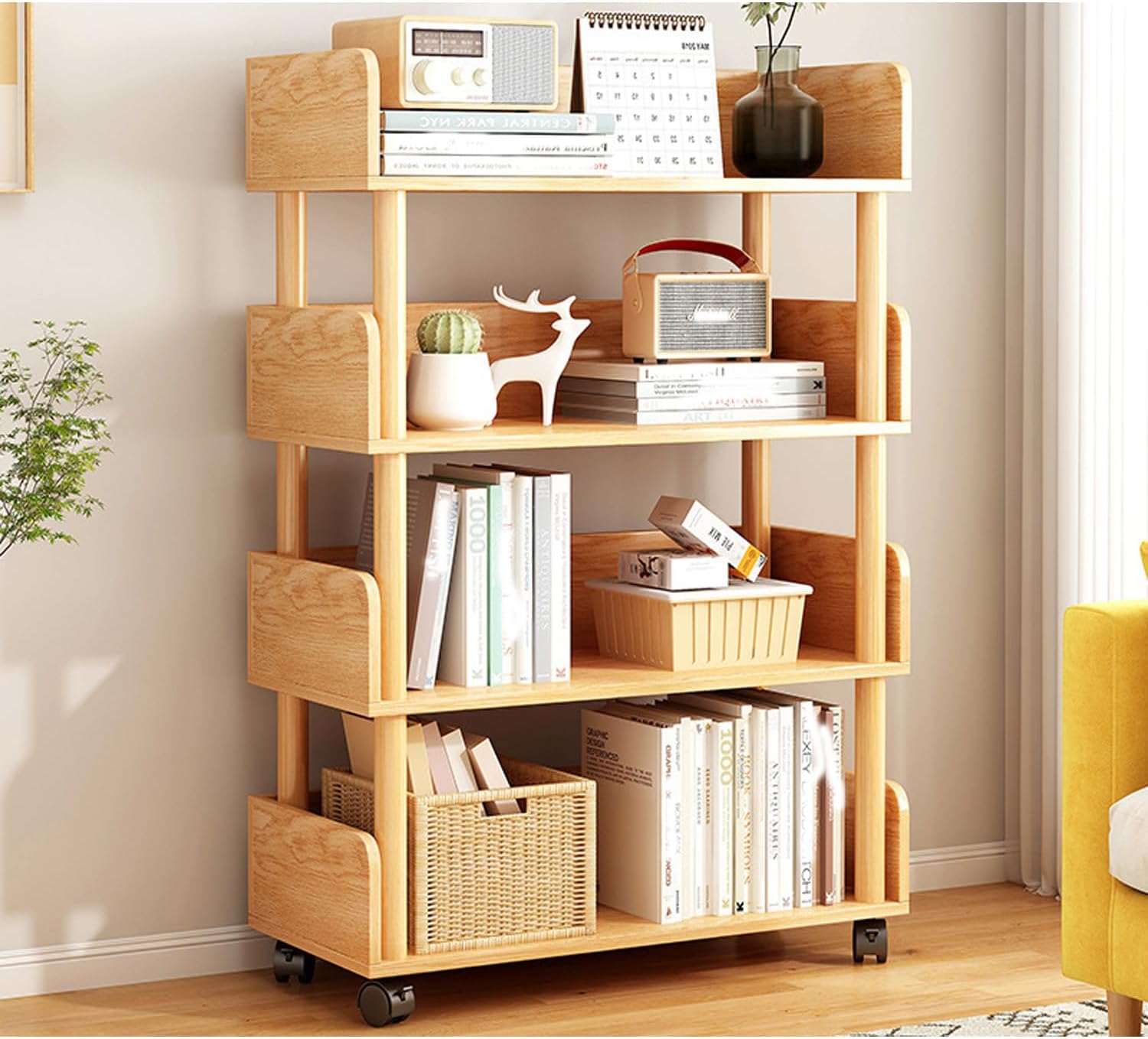4 Tier Bookshelf, Moving Wood Bookcases and Book Shelves, Rustic Open Storage Display Rack Shelf (Size : 4 Tier)