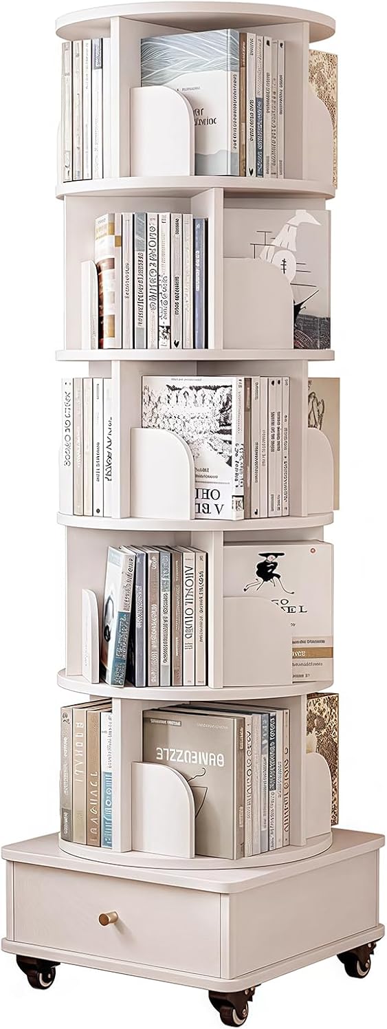 BYCDD 5 Tier Rotating Spinning Bookshelf Tower, 360° Revolving Bookcase Round Display for Kids Rooms, Corner Organization and Storage Space-Saving for Home Office Living Room,White，6Tier