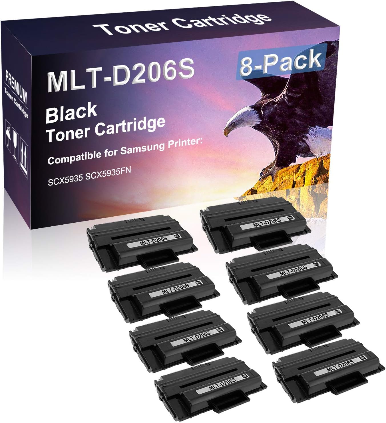 8 Pack (Black) Compatible Laser Printer Cartridge (High Yield) Replacement for Samsung D206S MLT-D206S Imaging Cartridge use for Samsung SCX5935 SCX5935FN Printer