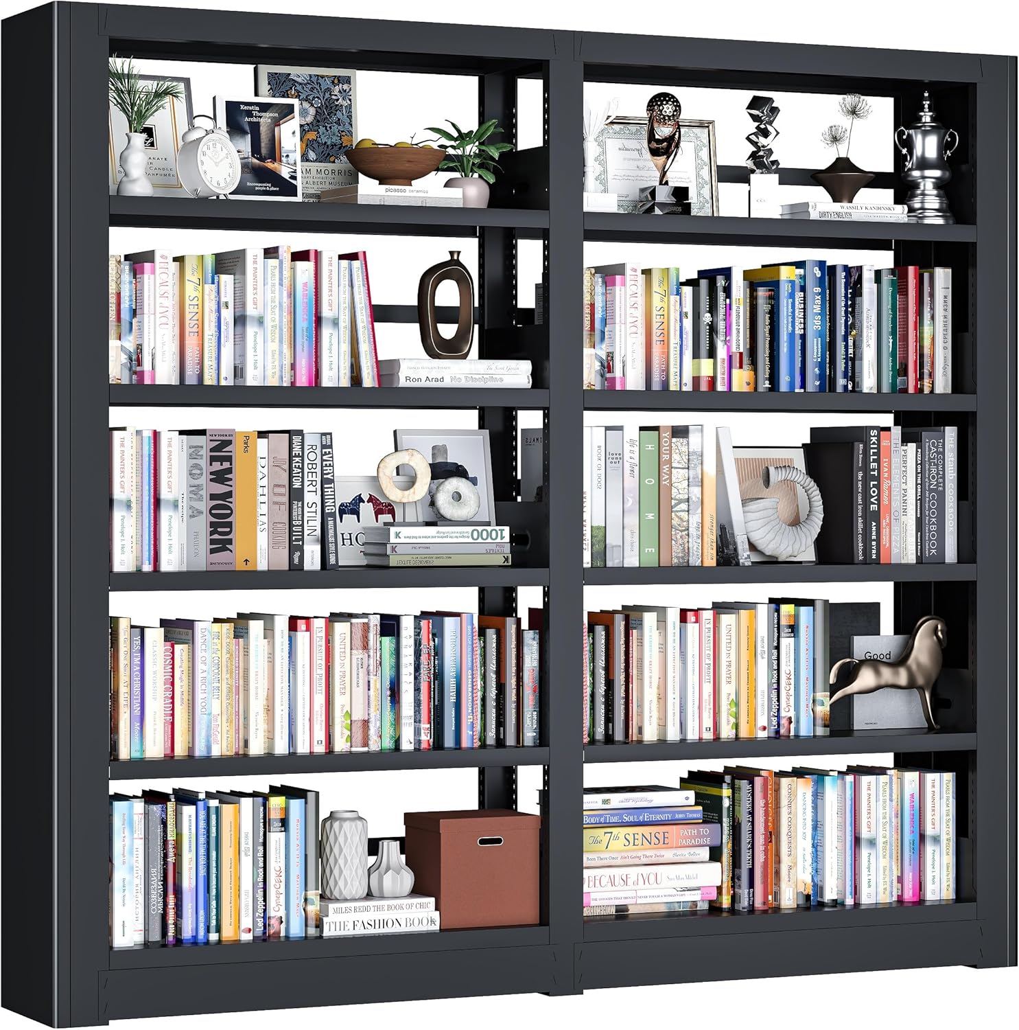 Heavy Duty 5-Tier Metal Bookshelf, Industrial Wide Book Shelf with Adjustable Shelves, 280lbs Shelf Capacity, Large Office Bookcase, Display Book Organizer for Living Room Bedroom Library -2Pcs,Black