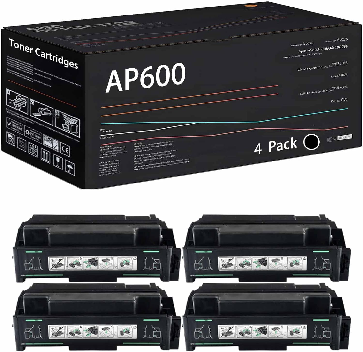 Wondrx AP600 Toner Cartridges Compatible with Ricoh AP600N AP610 AP610i AP610N Printers, High Yield 30000 Pages (4 Pack Black)