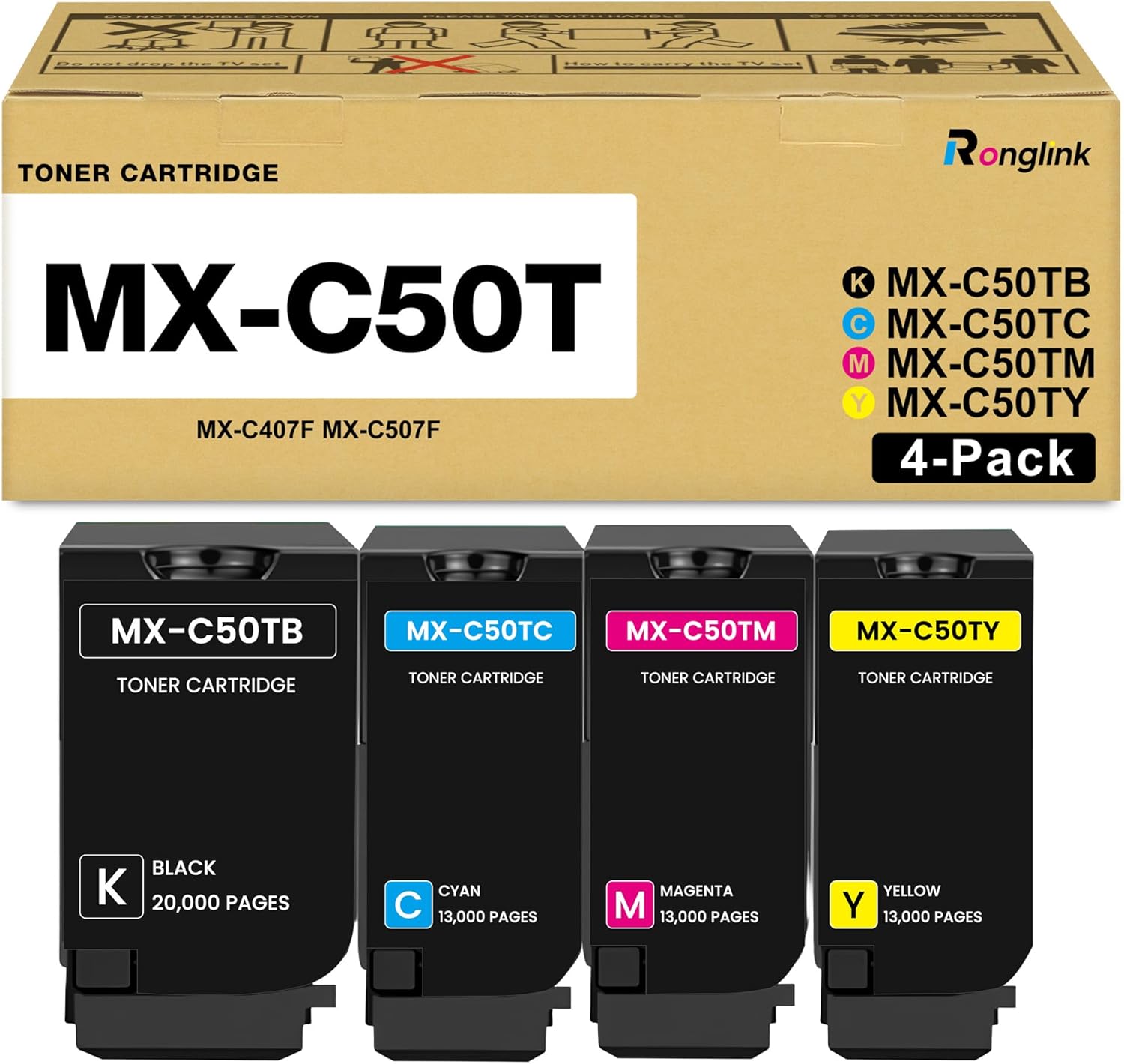 Ronglink MX-C50T Toner Cartridge Replacement for Sharp MXC50T MX-C50TB MX-C50TC MX-C50TM MX-C50TY Toner Cartridge High Yield Works with MX-C407F MX-C507F Printer (4-Pack, Black Cyan Magenta Yellow)