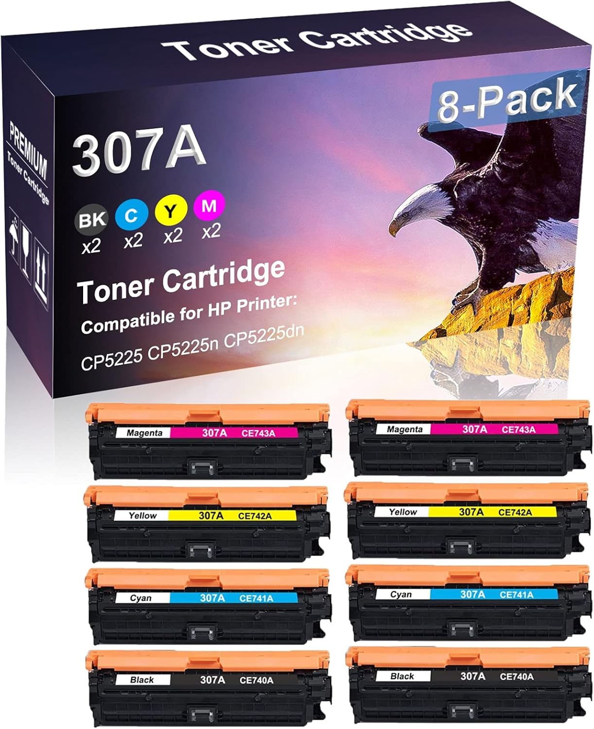 8 Pack (2BK+2C+2Y+2M) Compatible High Yield 307A | CE740A CE741A CE742A CE743A Printer Toner Cartridge use for HP CP5225 Printer