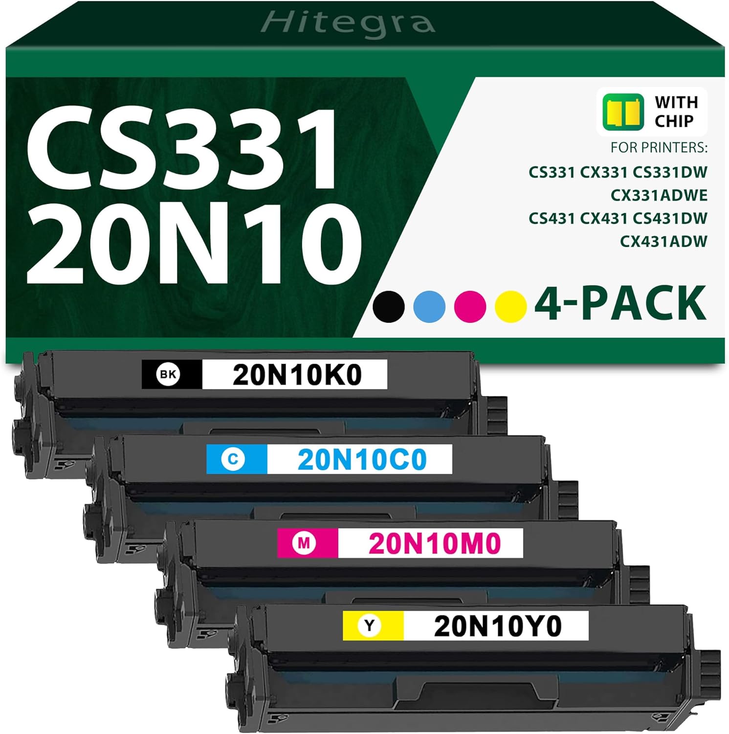 20N10 Toner Cartridge CS331 CX331 (With New Chip) 4-Pack 20N10K0 20N10C0 20N10M0 20N10Y0 Replacement for Lexmark 20N10 Toner Work for CS331 CS431 CX331 CX431 CS331dw CS431dw CX331adwe CX431adw Printer