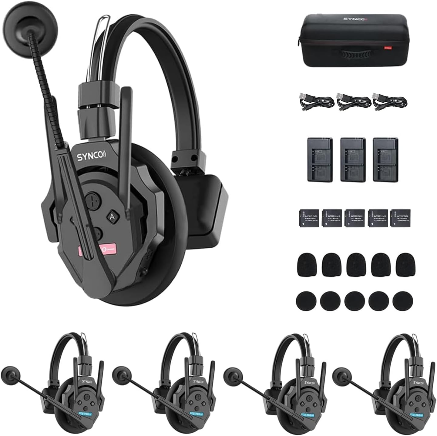 SYNCO XTalk XPro5 Wireless Intercom Headset System 2.4GHz Communication Headsets for 5 Person with 24H Workingtime 500m/1640ft with Noise Reduction for Movie Shoot, Live Show Stage Performance