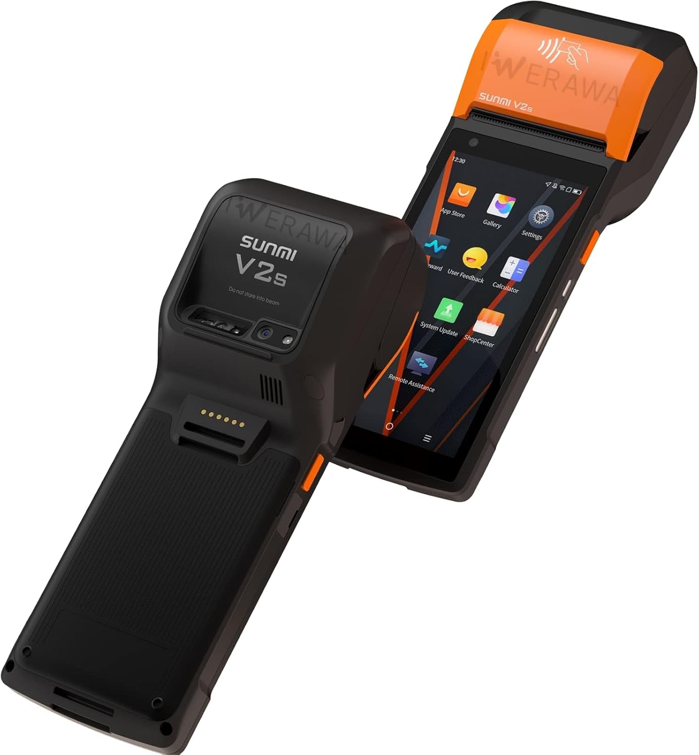 IWIRA Sunmi V2s POS Terminal with Receipt Printer, Speaker, Camera and Barcode Scanner All in One Handheld PDA Printer, Android 12.0 System, Support 4G, WiFi and Bluetooth, Orange, Black