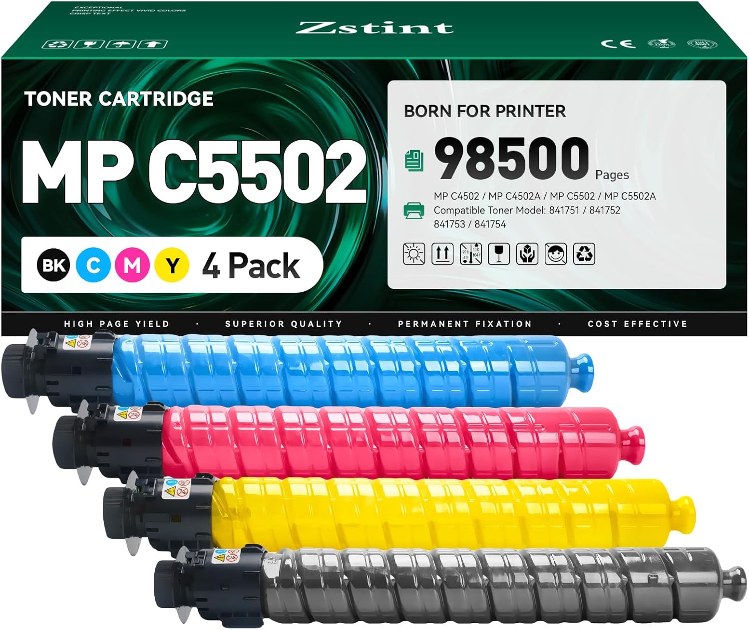 MP C4502 C5502 Toner Cartridge Set 4-Pack High Yield Replacement for Ricoh 841751 841752 841753 841754 Toner Compatible for Ricoh MP C4502 C4502A MP C5502 C5502A Printer Ink Black Cyan Magenta Yellow