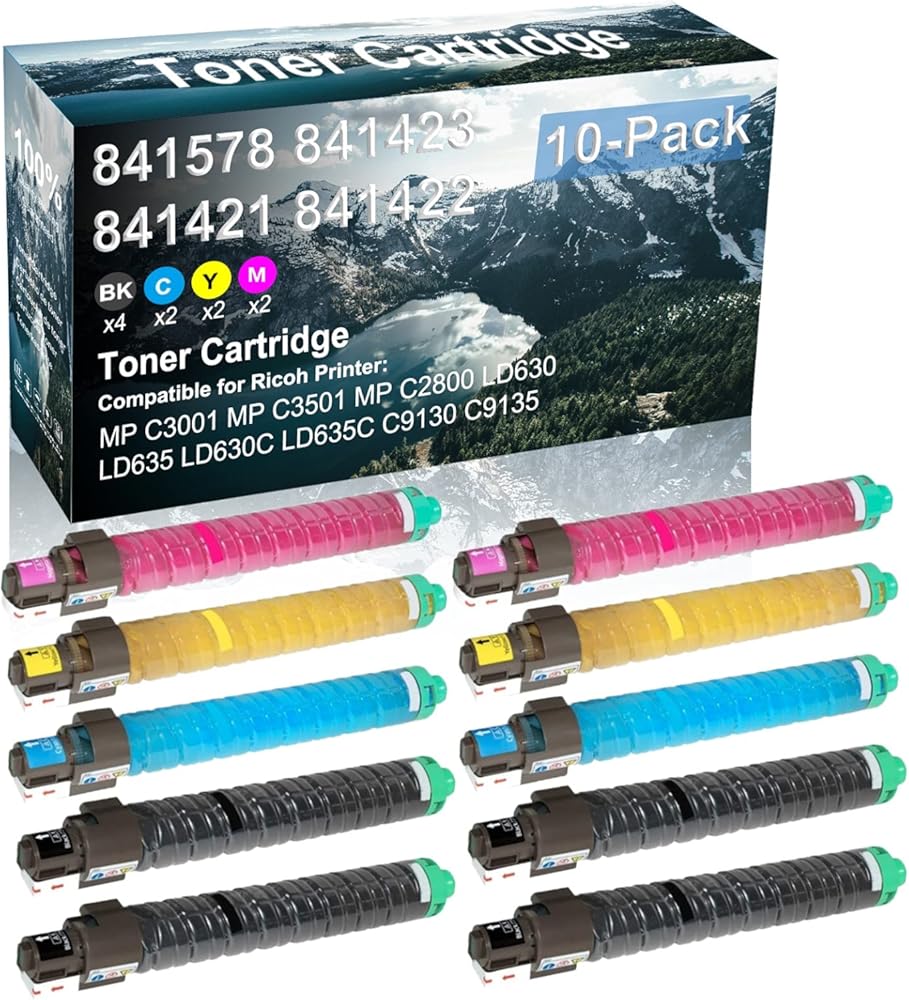 Credibility Store 10 Pack (BK+C+Y+M) Compatible 841578 841423 841421 841422 Laser Printer Cartridge High Yield Use for Ricoh MP C3001 MP C3501 MP C2800 LD630 Printer