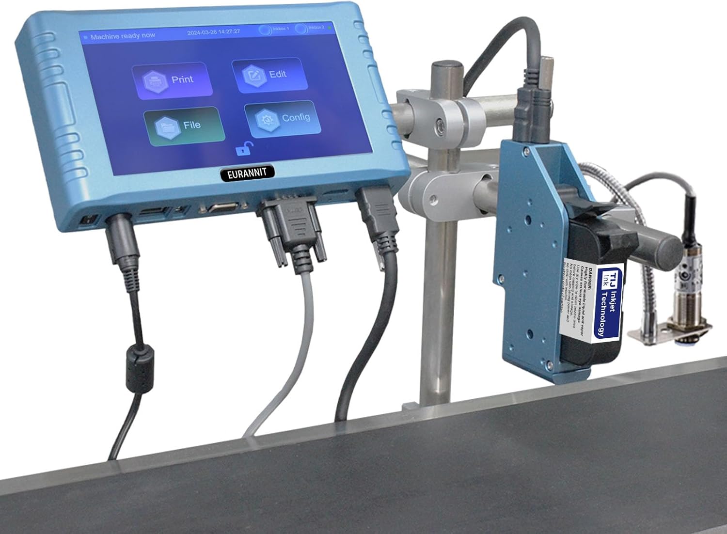 Eurannit Automatic Inkjet Coding Machine for Production Line, 260E TIJ Inkjet Printer with 7” Touchable Screen for Date/Batch/QRCode/Barcode/Logo etc (1 Nozzle / 1 in)