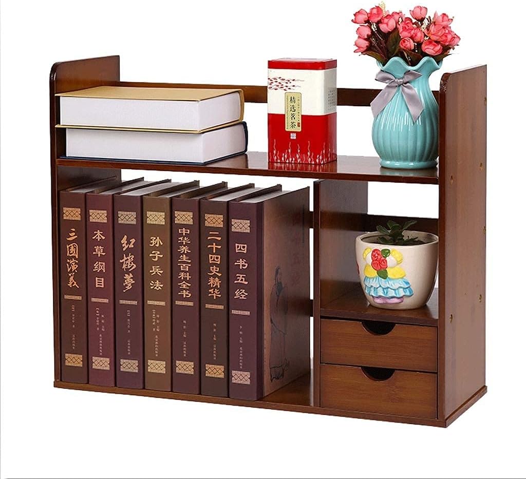 Tograt Bookshelf Bookshelves Bookcase Book Case Bamboo Bookshelf,Desktop Book Shelf Open Bookshelves,with Two Double Drawers,Desk Storage Organizer Display Shelf Rack Book Shelf Book Shelves