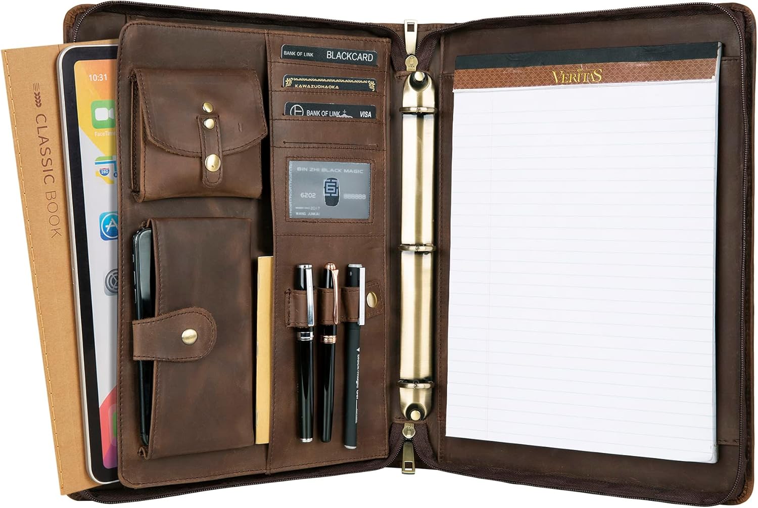 Leather Portfolio with 3 Ring Binder, Personalized Leather Binder Padfolio Zippered ortfolio Organizer, Engraved Leather Portfolio Binder, Custom Gift for Men Women （Dark Khaki, Non-Custom）