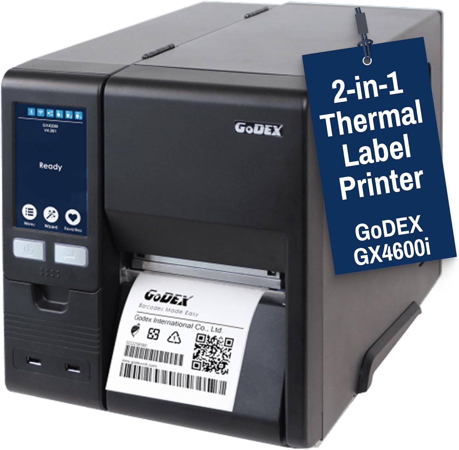 McAuley Labels GoDEX GX4600i Thermal Label Printer with Ultra High-Resolution 600 DPI - Industrial UPS Label Printer for Detailed Barcodes, Warehouse, Logistic, Manufacturing – USB, Serial, Ethernet