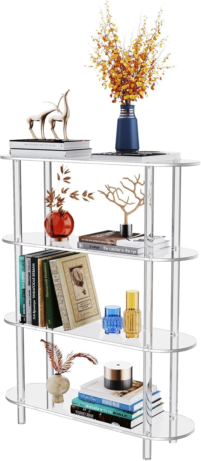 solaround Clear Bookshelf, Acrylic Bookcase with Open Book Shelf Console Table for Entryway Office Living Room Bedroom (4 Tier Clear)