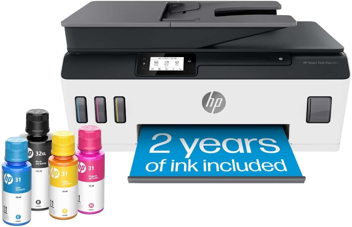 HP Smart Tank Plus 651 Wireless All-in-One Printer, Ink Tank Printer-for-Home Use, up to 2 Years of Ink in Bottles, Auto Document Feeder, Mobile Print, Scan, Copy, Fax (7XV38A)