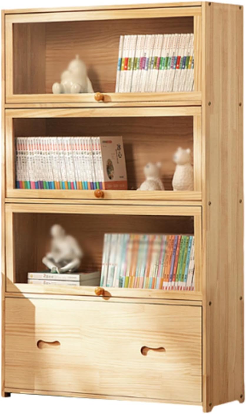 LoKori Bookcase with Drawer, 4 Tier Floor Standing Display Storage Shelves,Wood Bookshelf Organizer for Office, Living Room, Bedroom, Home Decor,80cm