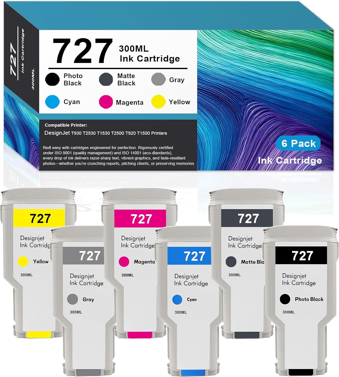VASTSUN 727 Ink Cartridge Compatible for HP 727 Ink Cartridge F9J79A C1Q12A F9J76A F9J77A F9J78A F9J80A for HP DesignJet T920 T930 T1500 T1530 T2500 T2530 6Pack*300ML(Matte Black/Photo Black/GY/C/Y/M)