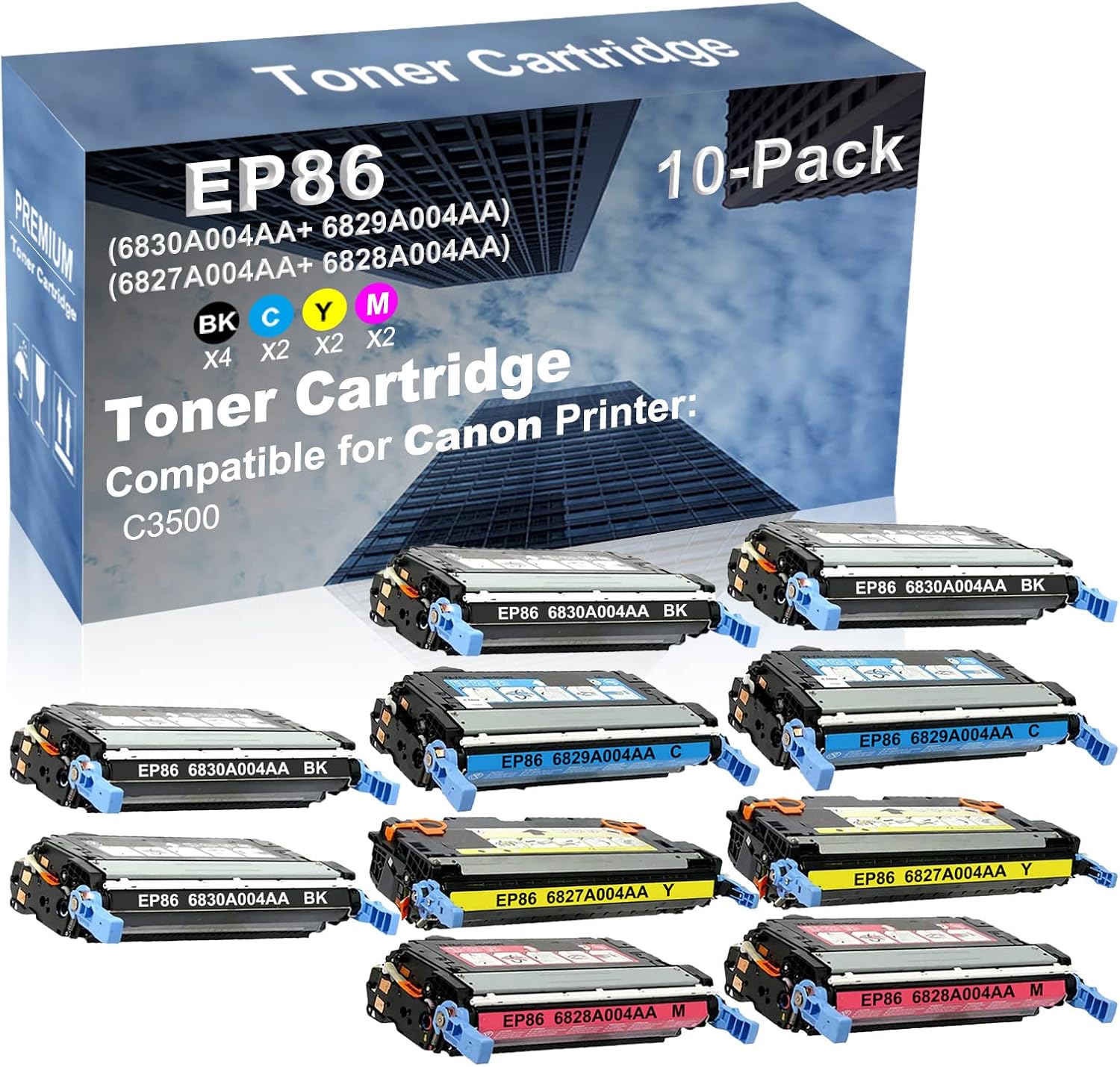 10-Pack (4BK+2C+2Y+2M) Compatible High Yield EP86 (6830A004AA+ 6829A004AA+ 6827A004AA+ 6828A004AA) Laser Printer Toner Cartridge Used for Canon ImageClass C3500 Printer