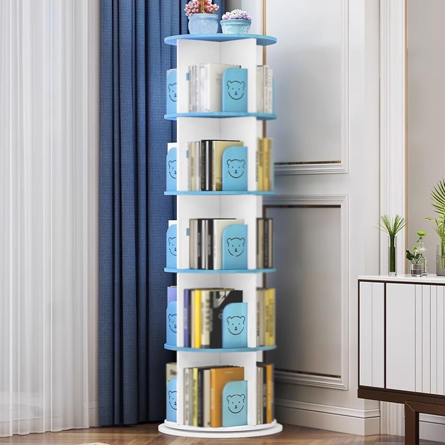 Spinning Tiered Bookshelf Rotating Bookshelf Round Vertical Bookshelf 5 Tier, Floor Rack Simple Bookcase Tower (Blue)