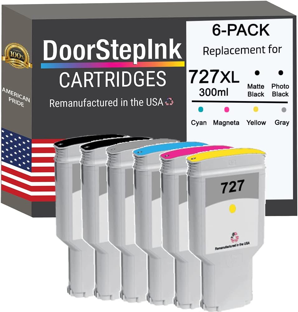 DoorStepInk 727 Cyan, Magenta, Yellow, Matte Black, Photo Black, Gray Remanufactured Ink Cartridge Replacement for HP 727 — Compatible with DesignJet T1500/T2500/T930/T920 — Standard Yield 6-Pack