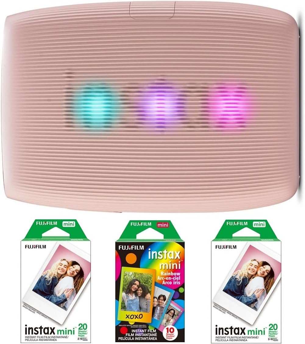 FUJIFILM INSTAX Mini Link 3 Smartphone Printer Bundle, Includes: FUJIFILM INSTAX Mini Instant Color Film (40 Exposures) and Rainbow Film (10 Exposures) (4 Items) (Clay White) (Rose Pink)