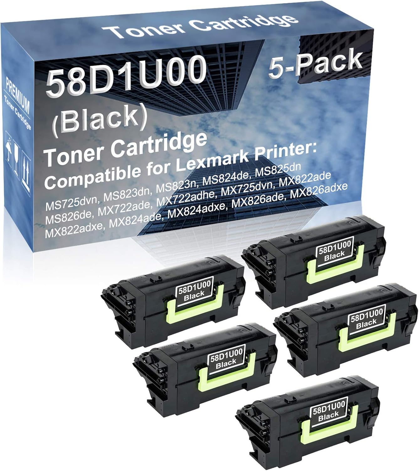 5-Pack Compatible High Capacity 58D1U00 Imaging Toner Cartridge use for MS725dvn MS823dn MS823n MS824de MS825dn Printer (Black)