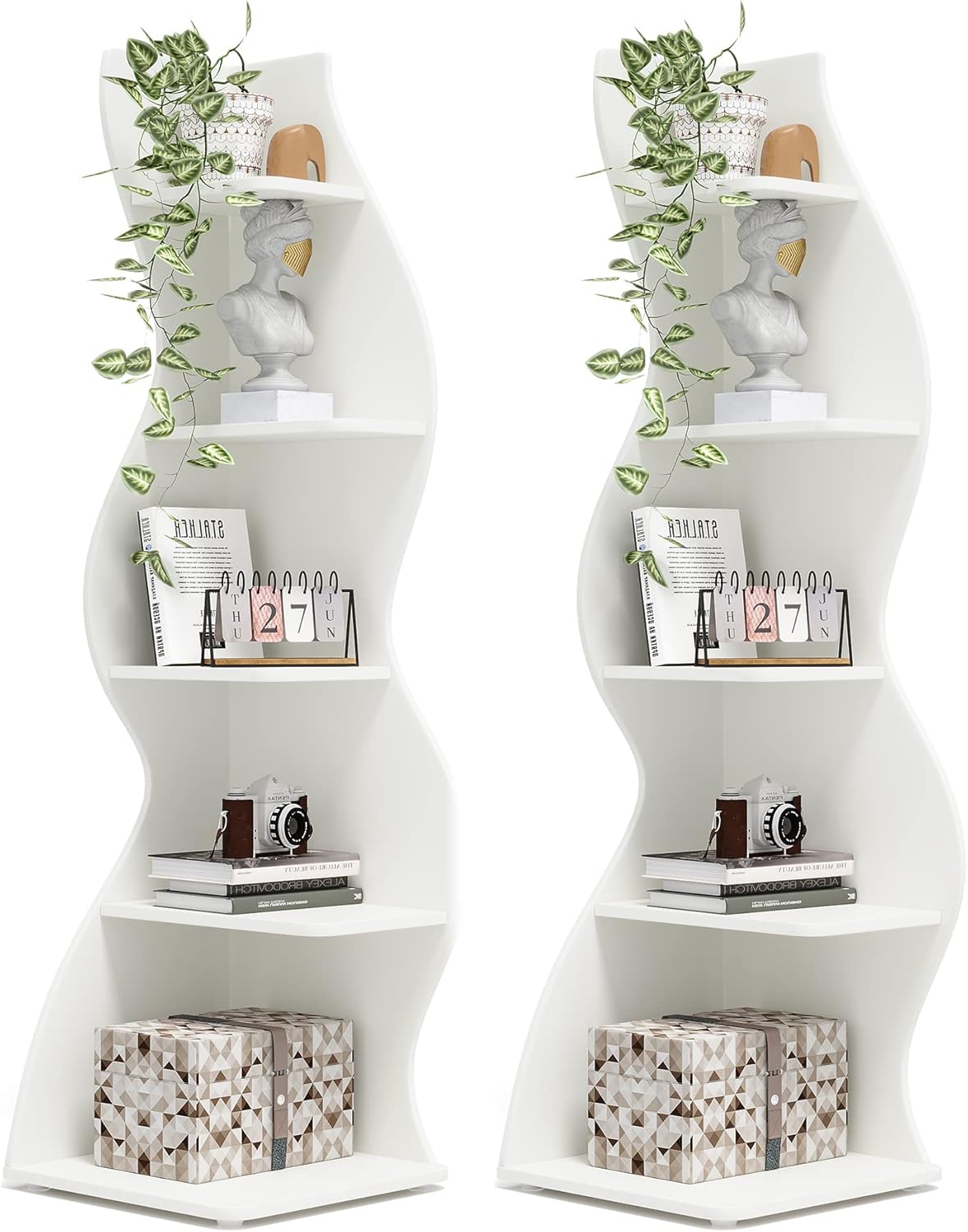 Tribesigns Corner Shelf, Modern 5-Tier Wall Corner Bookshelf Set of Two, Stylish Corner Small Bookcase Storage Rack Plant Stand for Living Room, Home Office, Kitchen, Small Space White, 2PCS