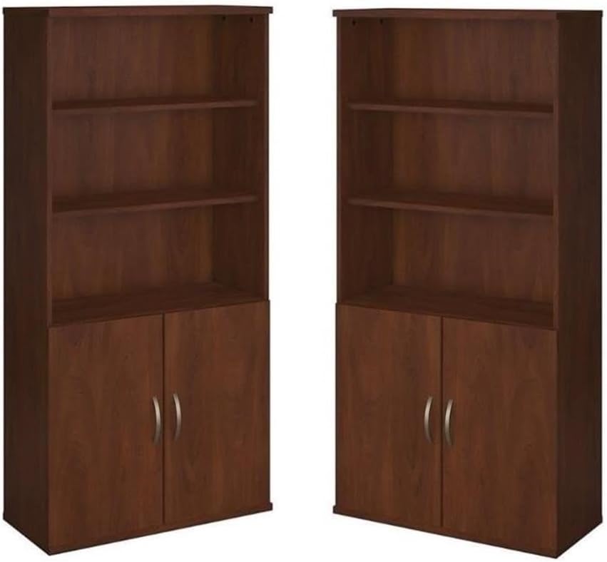 Home Square 5 Shelf Bookcase with Doors Set in Hansen Cherry (Set of 2)