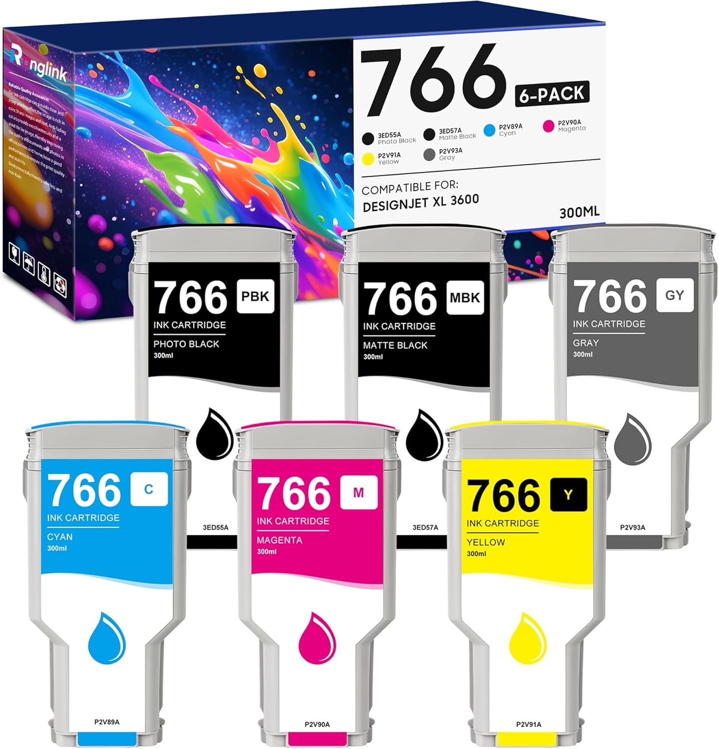 766 Ink Cartridges 300ML (with Chip) Replacement for HP 766 Ink Cartridge 3ED55A 3ED57A P2V93A P2V89A P2V90A P2V91A for DesignJet XL 3600 XL3600 Series Printer Ink (6-Pack, PBK/MBK/G/C/M/Y)