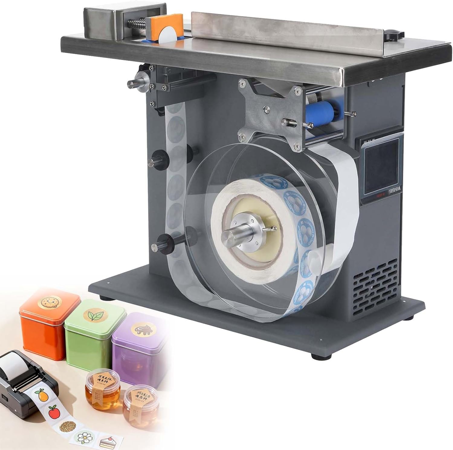 LYNNEYING Semi-Automatic Round Bottle & Corner Labeler, Right Angle Applicator with PLC System, 15-30 PCS/Min, ±0.5mm, Touch Screen, Metal Painted Sheet Metal, for Cosmetic/Food Packaging