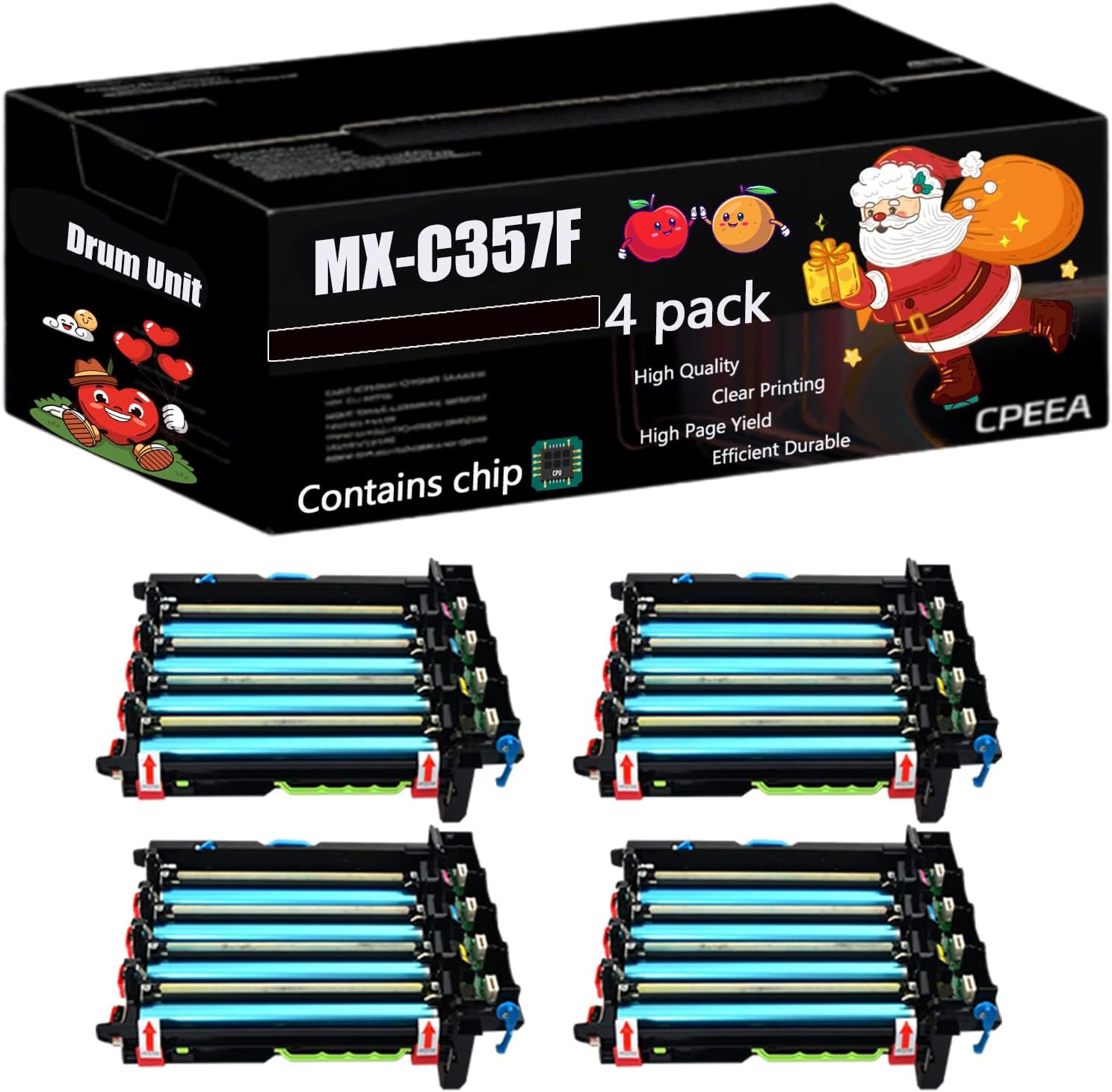 Compatible for Sharp MX-C357F Drum Unit Work for Sharp MX-C357F MX-C407P Printers, with Chip, High Yield 225000 Pages, Clear Printing (4 Pack Black)