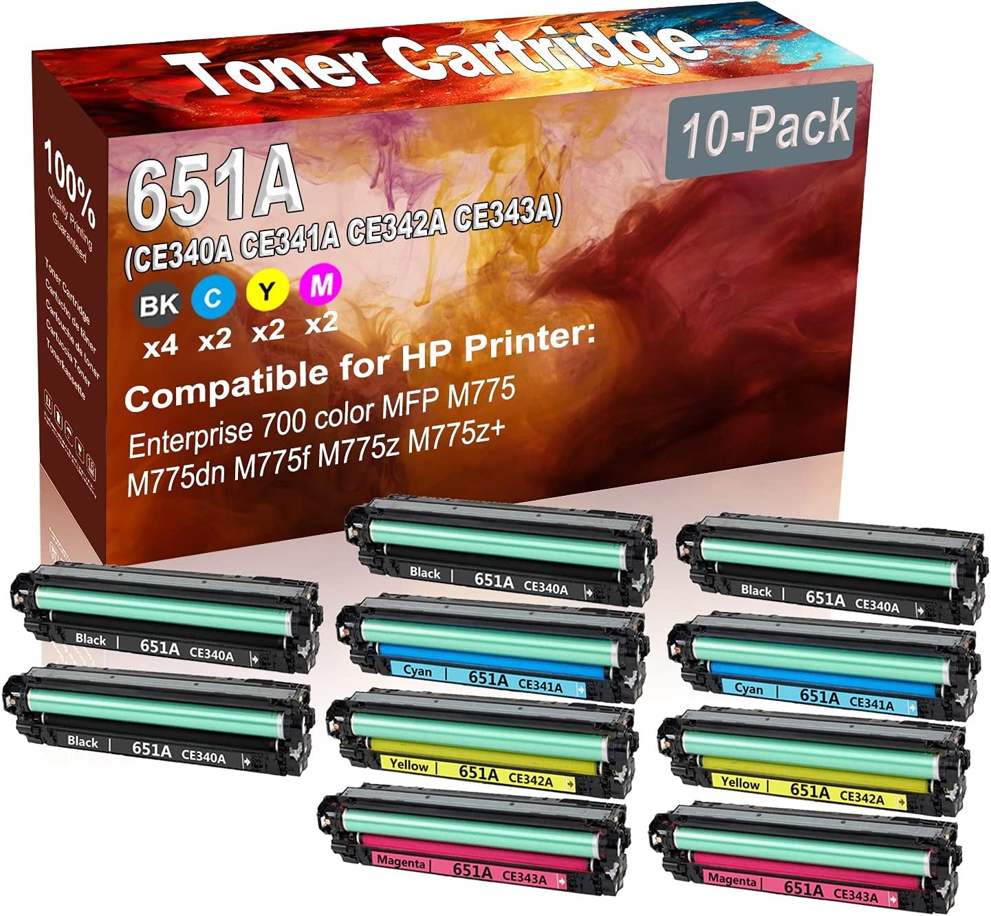 10-Pack (4BK+2C+2Y+2M) Compatible Enterprise 700 Color MFP M775 Laser Printer Toner Cartridge (High Capacity) Replacement for HP 651A (CE340A CE341A CE342A CE343A) Printer Toner Cartridge