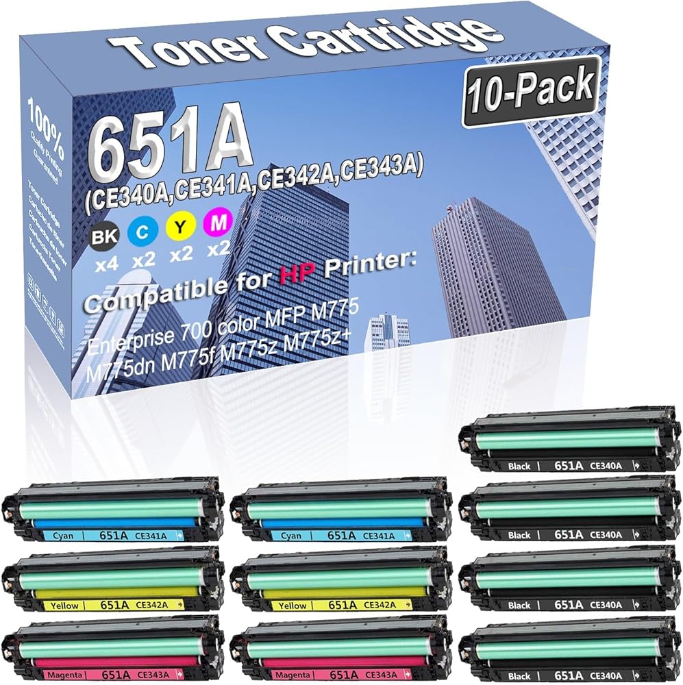 10-Pack (4BK/2C/2Y/2M) Compatible High Capacity 651A (CE340A CE341A CE342A CE343A) Color Toner Cartridge use for HP Enterprise 700 Color MFP M775 M775dn M775f M775z M775z+ Printer