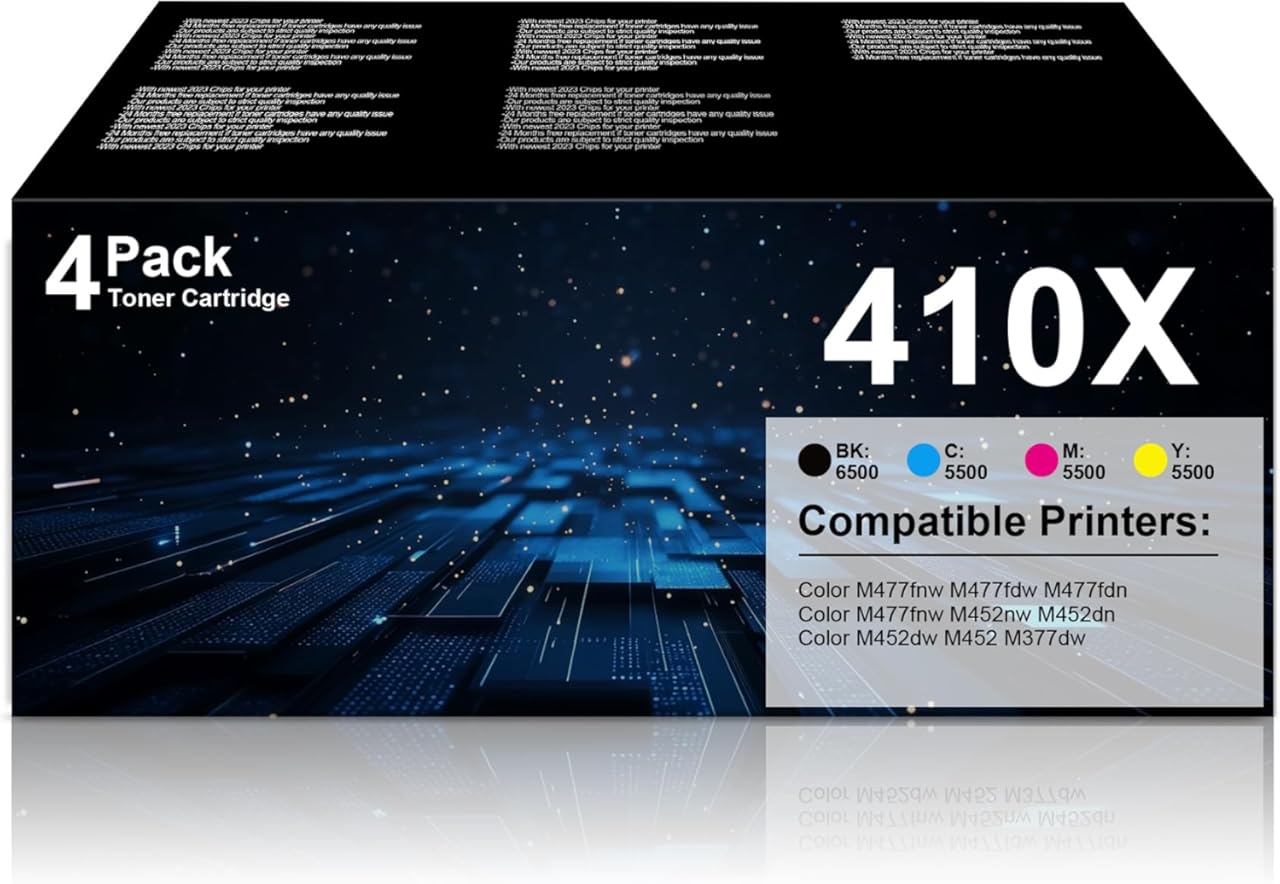 410X Toner Cartridges 4 Pack for Color Laser Printer Jet Pro MFP M477fnw M452dw Replacement for HP 410A 410X Toner with Chip for Color Pro MFP M477fnw M477fdw M477fdn M452dn M452dw M452nw(C/M/Y/K)