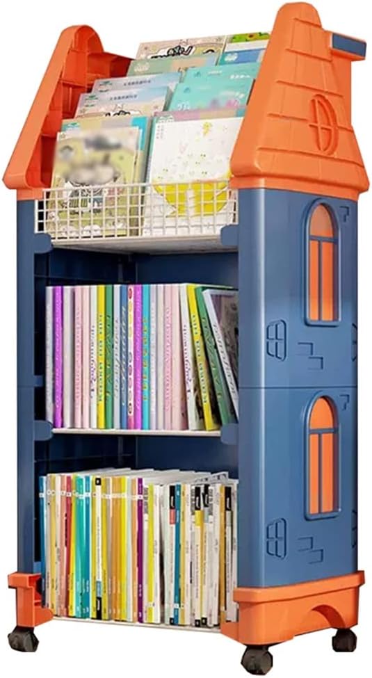 GIZNXBA Kids Bookshelf, Floor Standing Book Rack Storage 3 Tier Bookshelf, Bookcase with Locking Wheel, Multi-Functional Book Storage Rack Organizer for Kids Room Bedroom (Color : /Orange)
