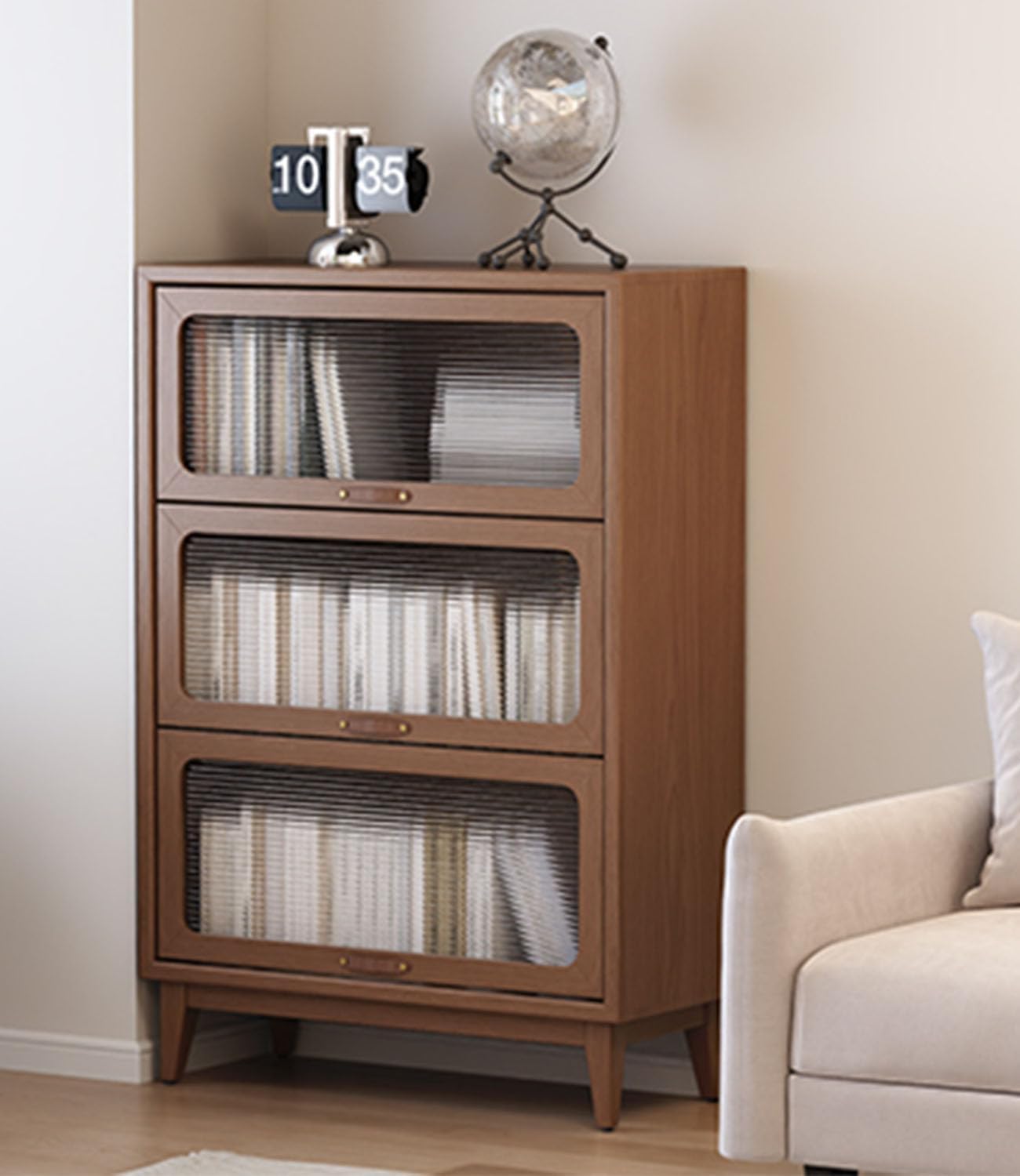 3 tier solid wood book case with corrugated tempered glass doors, dusty wooden bookshelf dark brown Flip-Up Glass Front Doors book cases/shelves for home office room with installation tool