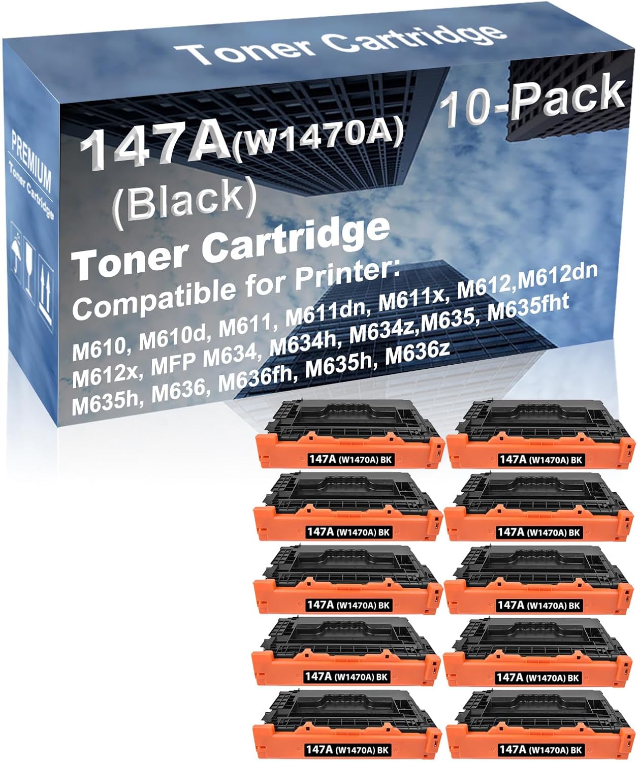 10-Pack Compatible High Capacity 147A (W1470A) Printer Cartridge use for MFP M634, M634h, M634z, M635, M635fht Printer with Chip (Black)