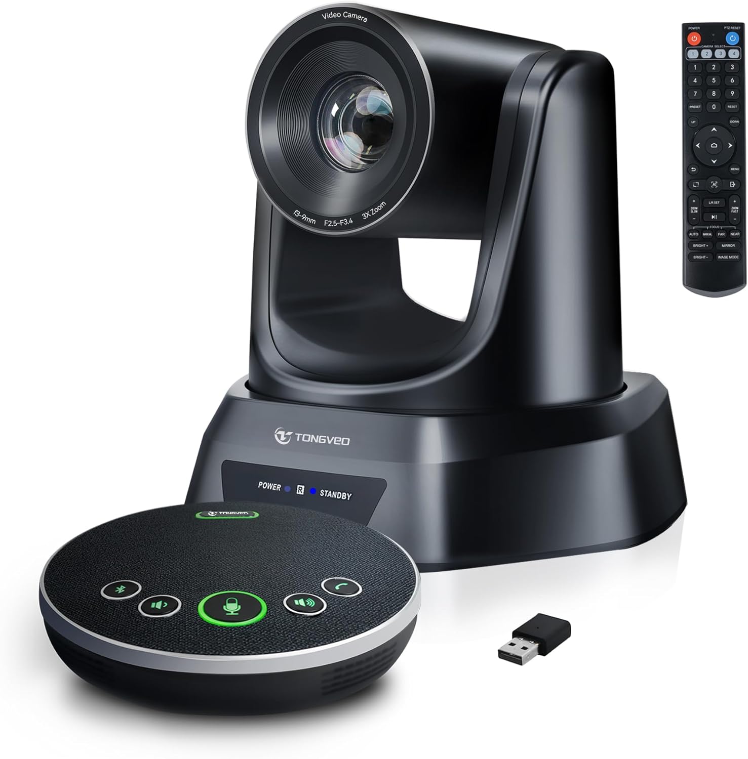 TONGVEO AI Auto-Tracking PTZ Conference Camera System with Bluetooth Microphones, 3X Optical Zoom USB3.0 1080P 60fps, 93° Wide-Angle All-in-One Video Conference Solution for Church & Office