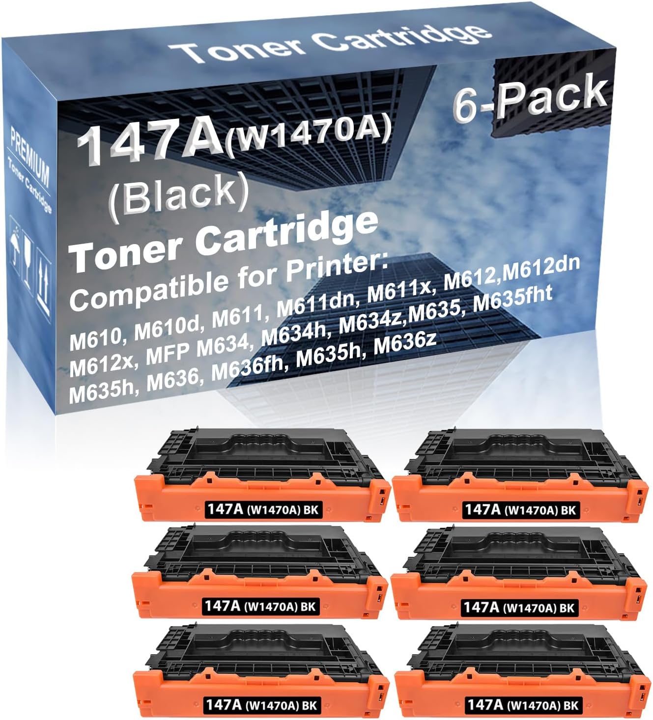 6-Pack Compatible High Capacity 147A (W1470A) Printer Cartridge use for MFP M634, M634h, M634z, M635, M635fht Printer with Chip (Black)