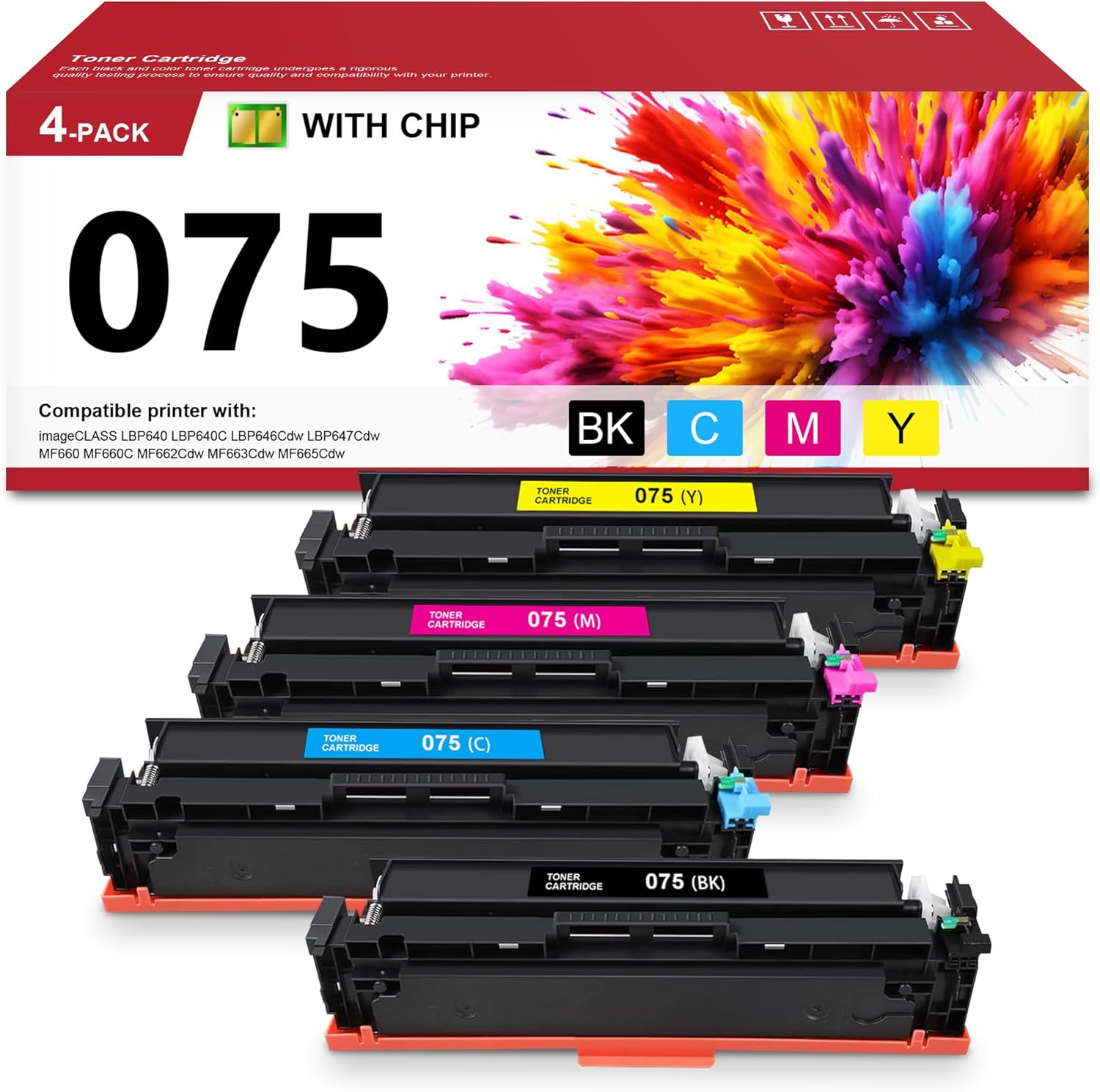 YOISNER 075 Toner Cartridge Set 4-Pack (with Chip) Replacement for Canon 075 75 075H Toner with Color imageCLASS MF663Cdw MF662Cdw MF665Cdw MF660 LBP647Cdw LBP640 LBP646Cdw Series Printer Cartidge