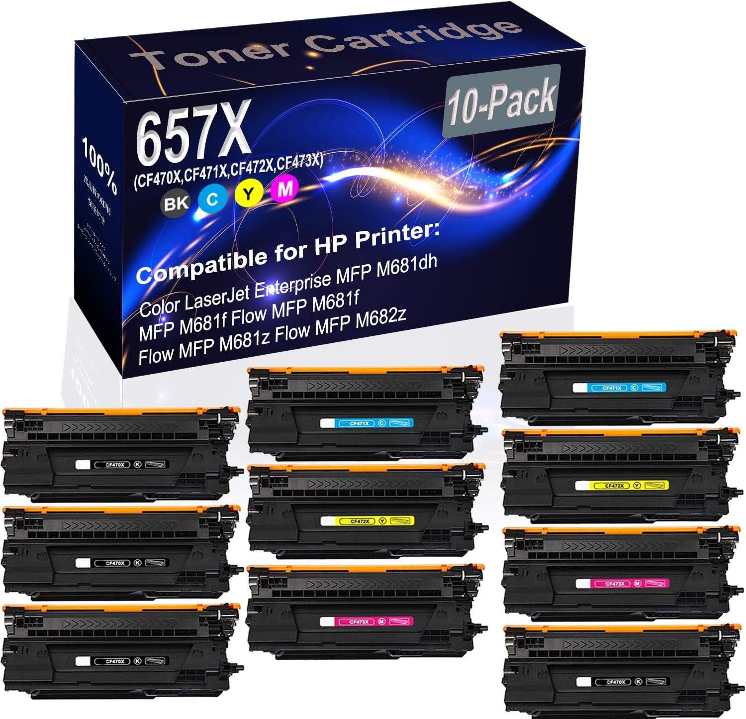 10-Pack (4BK+2C+2Y+2M) Compatible M652 M653 M681 M682 Laser Printer Toner Cartridge (High Capacity) Replacement for HP 657X (CF470X CF471X CF472X CF473X) Printer Toner Cartridge