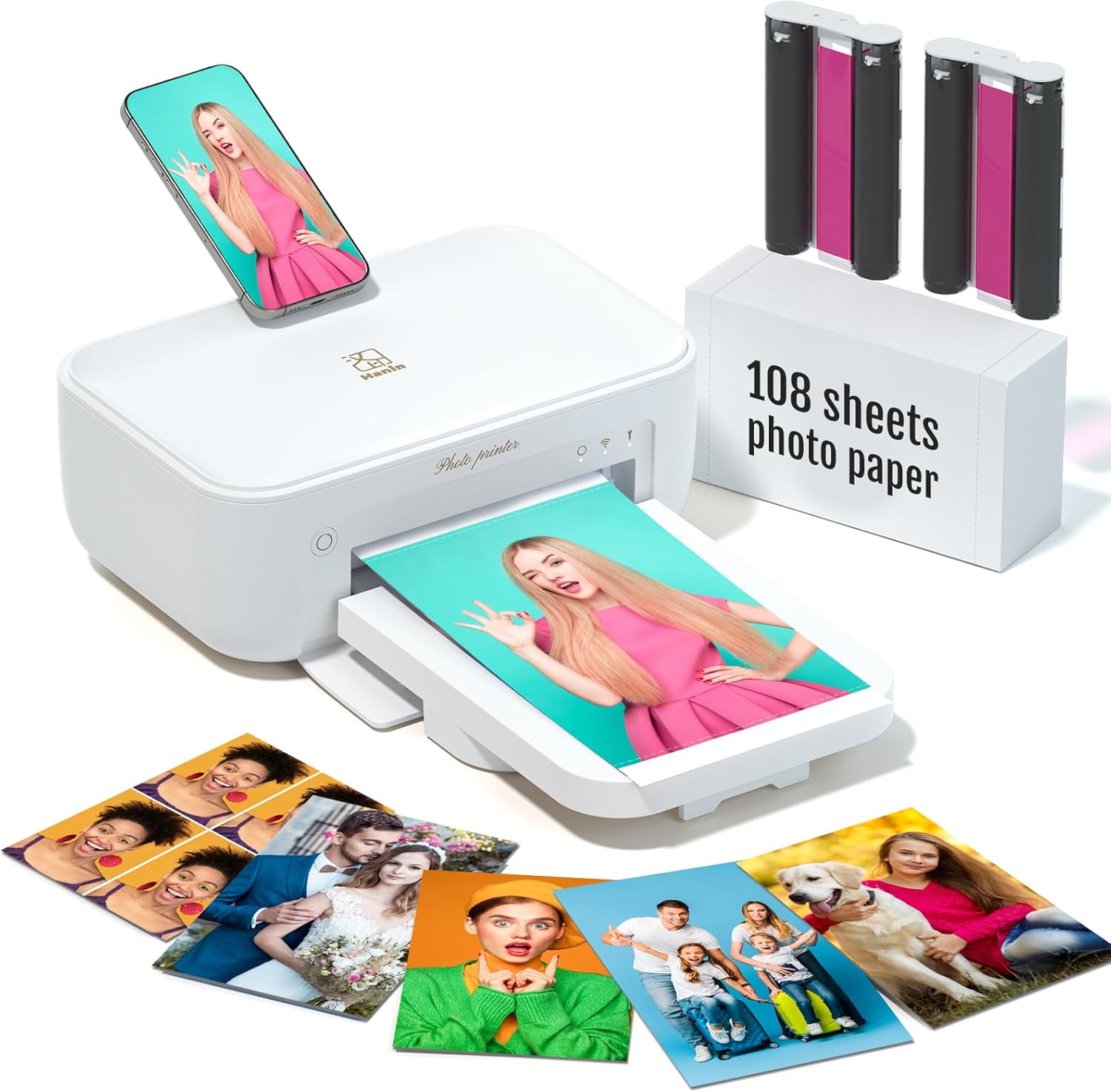 iDPRT 4×6 Photo Printer, Portable Color Picture Printer, Thermal Sublimation Mini Picture Printer, Bundle 108 Sheets Photo Paper & 2 Ribbon Cassette, Photo Printer for iPhone & Android, White