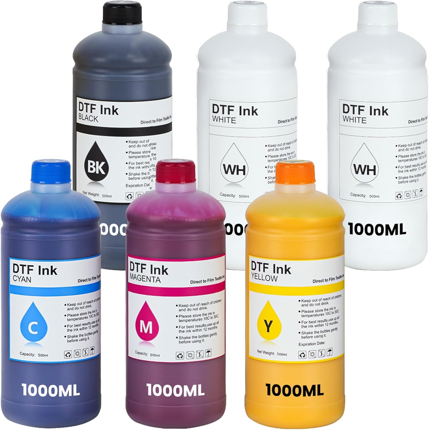 RumbaRex Premium DTF Ink 1000 ml, DTF Heat Transfer Ink Refill for et-8550 L1800 R2400 L800 DX5 DX7 5113 XP600 I3200 All DTF Printers Ink 6-Pack (2White, 1Black, 1Cyan, 1Magenta, 1Yellow)