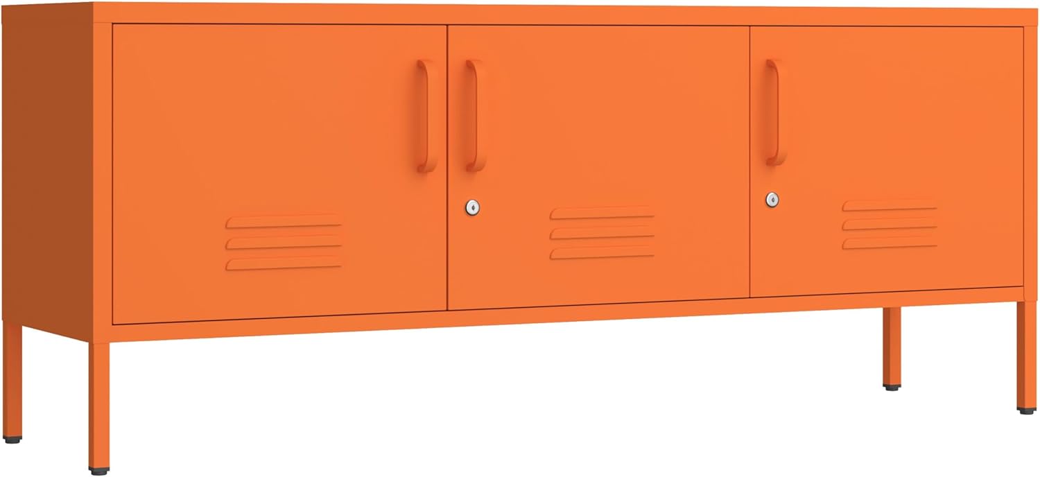 Kasfth Metal Storage Cabinet-22” Tall Steel TV Stand Cabinets with Lockable Doors and Adjustable Shelves Orange Living Room Locker Organizer for Home Office Bedroom Size：22