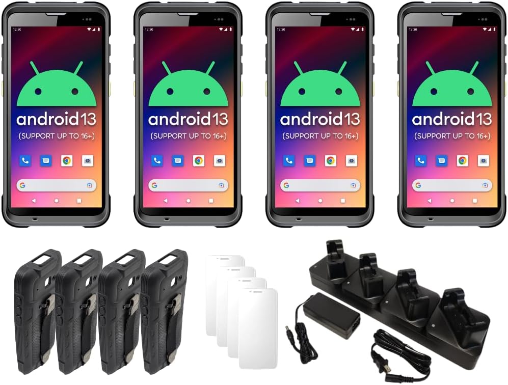 Pack of (4) | Chainway C66 Wireless Barcode Scanner Handhelds | Android 13 (Support to 16+) | Zebra 2D/1D/QR Code Reader | 4-Slot Charging Station, Protective Cases, Screen Protectors