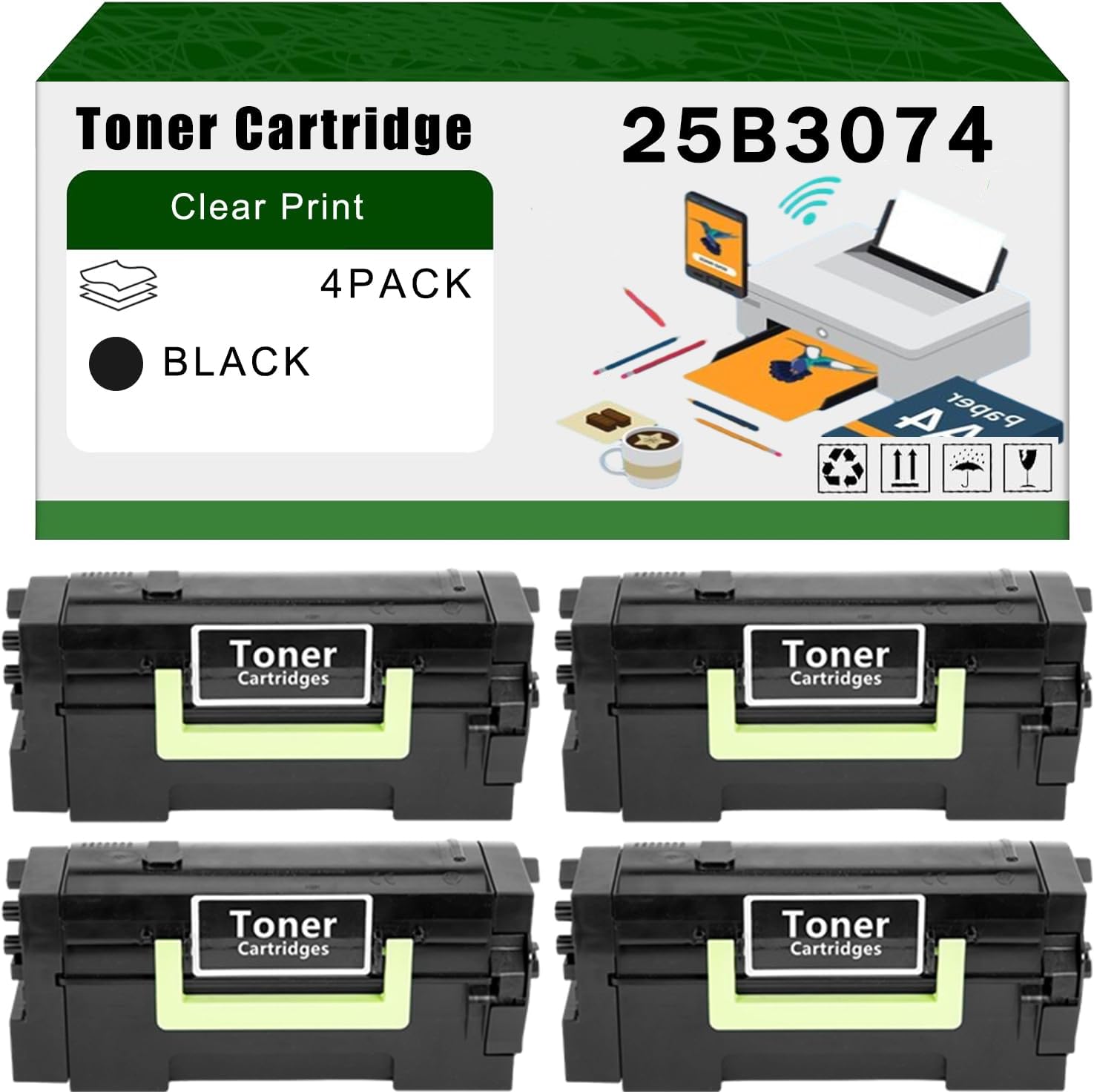 Compatible for Lexmark 25B3074 Toner Cartridge M5255 M5270 XM5365 Printers, High Yield 55000 Pages Bright Clear Colors (4 Pack Black)