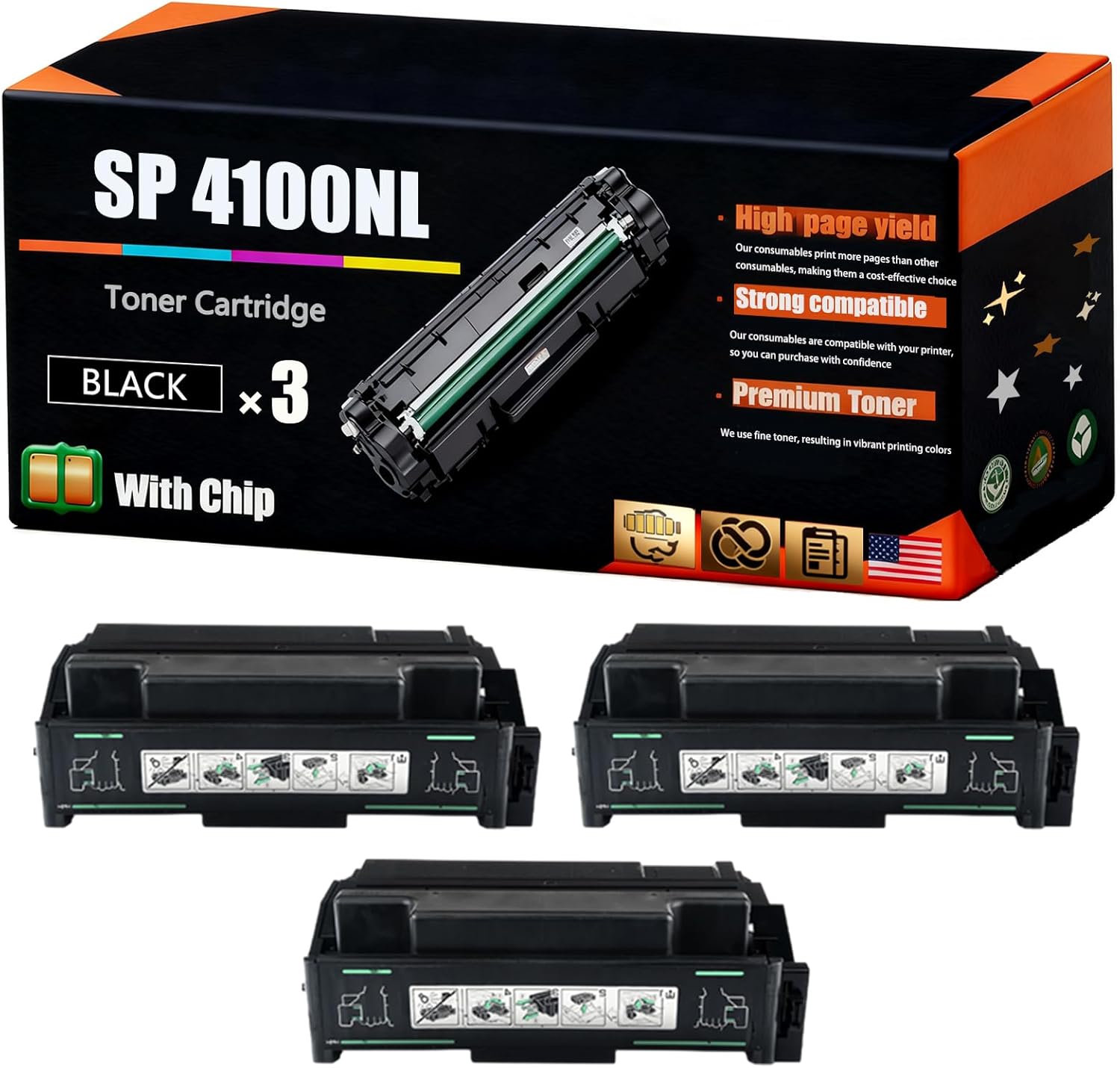SP 4100NL Toner Cartridge Compatible for Ricoh Aficio SP 4100NL Printers, Bright Colors, High Yield 20000 Pages, with Chips (3 Pack Black)