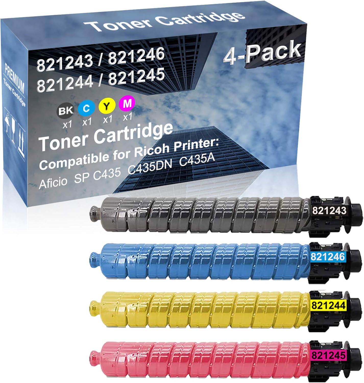 4-Pack (BK+C+Y+M) Compatible High Capacity 821243 821246 821244 821245 Toner Cartridge Used for Ricoh Aficio SP C435 C435DN C435A Printer